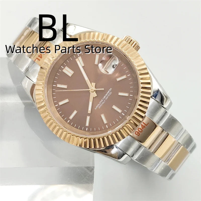 BLIGER Luxury Brown Dial Diamond Time Marks Watches For Men 36mm39mm Two Tone Rose Gold NH35 Movement Sapphire Glass Waterproof