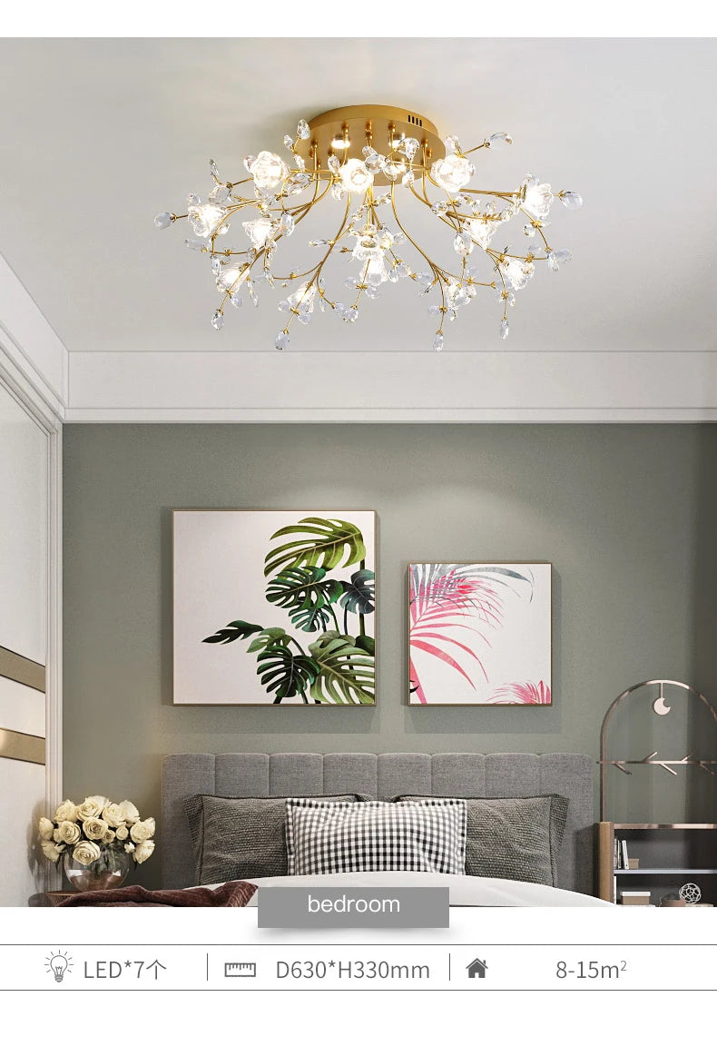 Luxury Crystal Flower Ceiling Light Gold LED Branch Tree Chandelier For Living Room Bedroom Villa Hotel Decor Bedside Wall Lamp