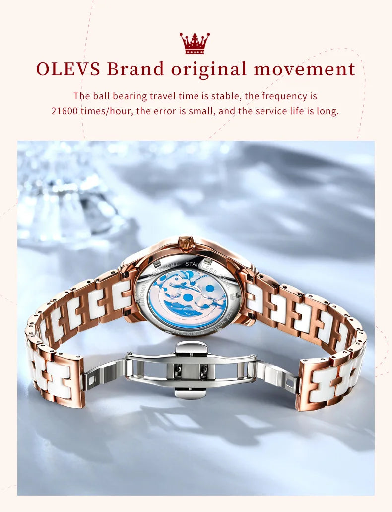 OLEVS Luxury Fashion Women's Watches Colorful Butterfly Dial Original Brand Automatic Mechanical Wristwatch Ceramics Strap Trend