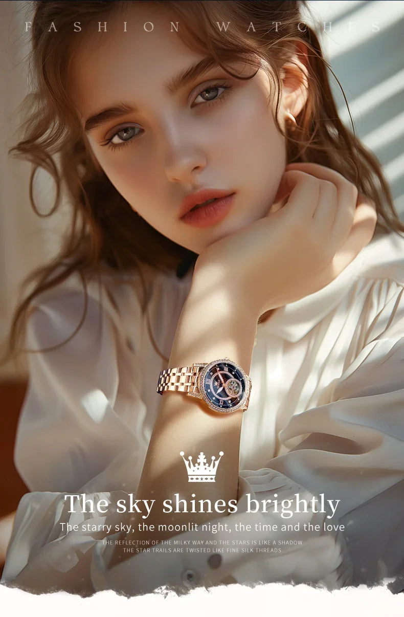 OLEVS Hollow Women's Watch Fully Automatic Mechanical Watch Luxury Diamond Inlaid Starry Sky Elegant Women's Brand Watch  7036
