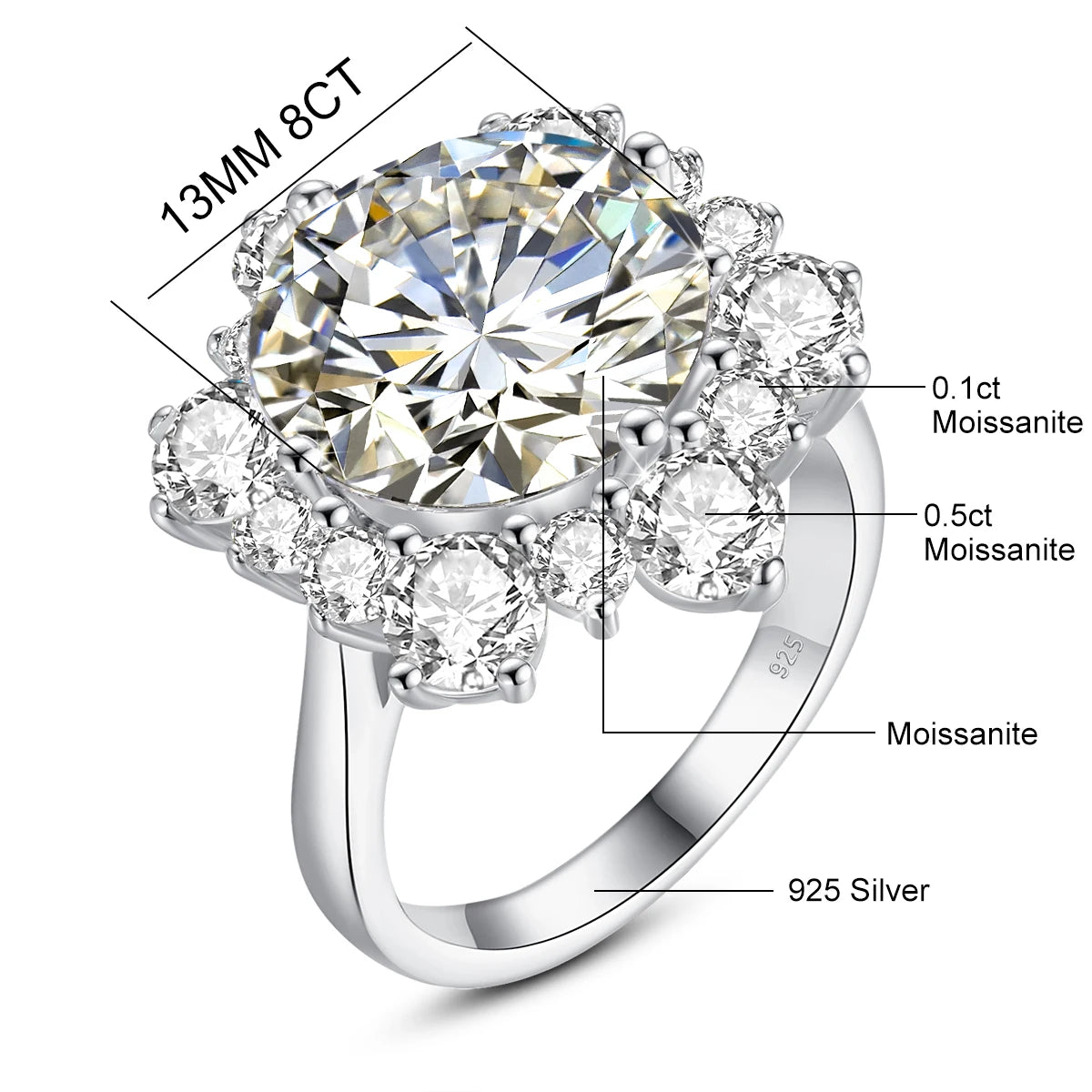 Massive Round Cut 13mm 8ct Moissanite Ring With Certification Luxury Wedding Fine Jewelries For Women Engagement Gift Pass Test