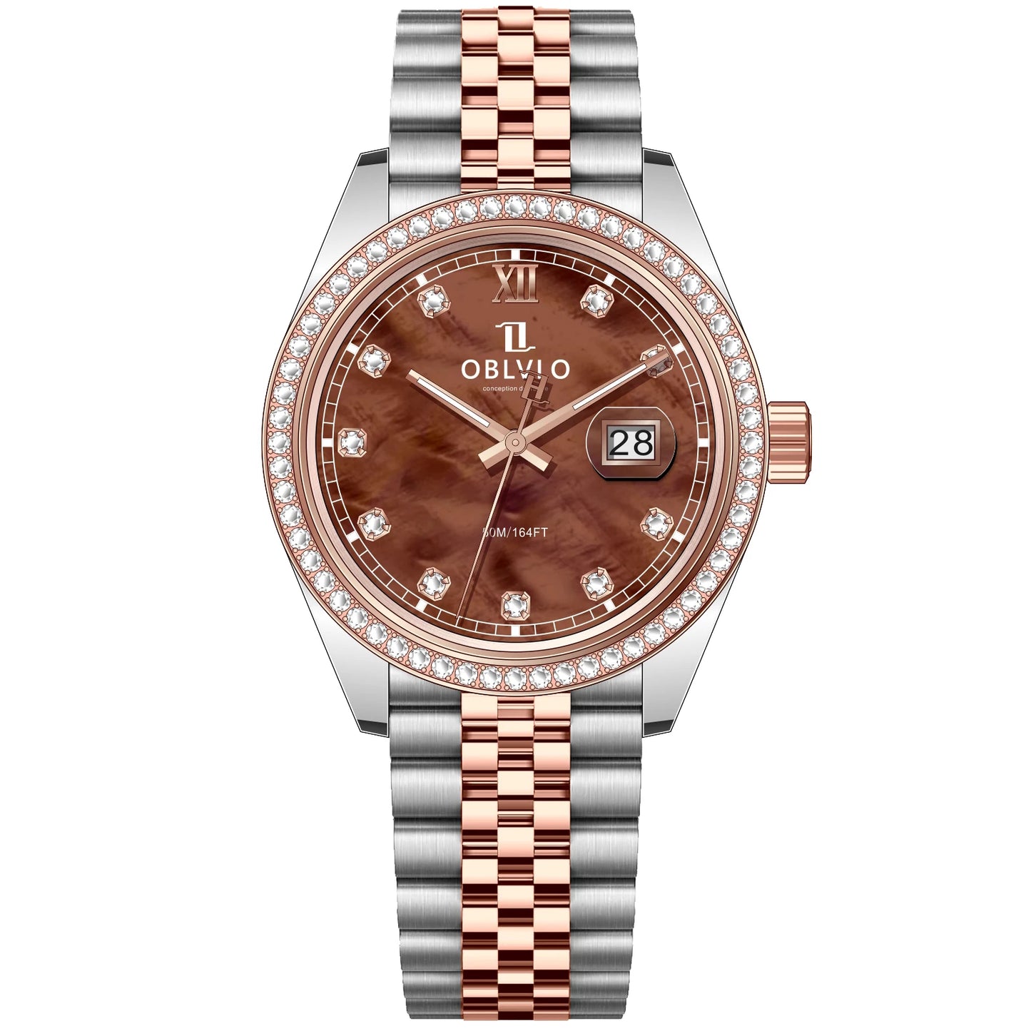 OBLVLO Men's Elegant Diamonds Bezel Two Tone Bracelet Quartz Watch with Date Fashion MOP Dial Business Watches for Men RX-PE-D