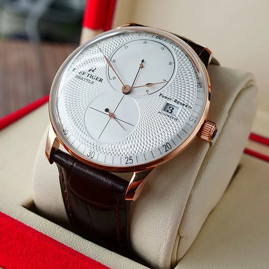 Reef-Tiger /RT Men Luxury Watch Rose Gold Mechanical Watch Brown Leather Strap Analog Watches Relogio Masculino RGA82B0