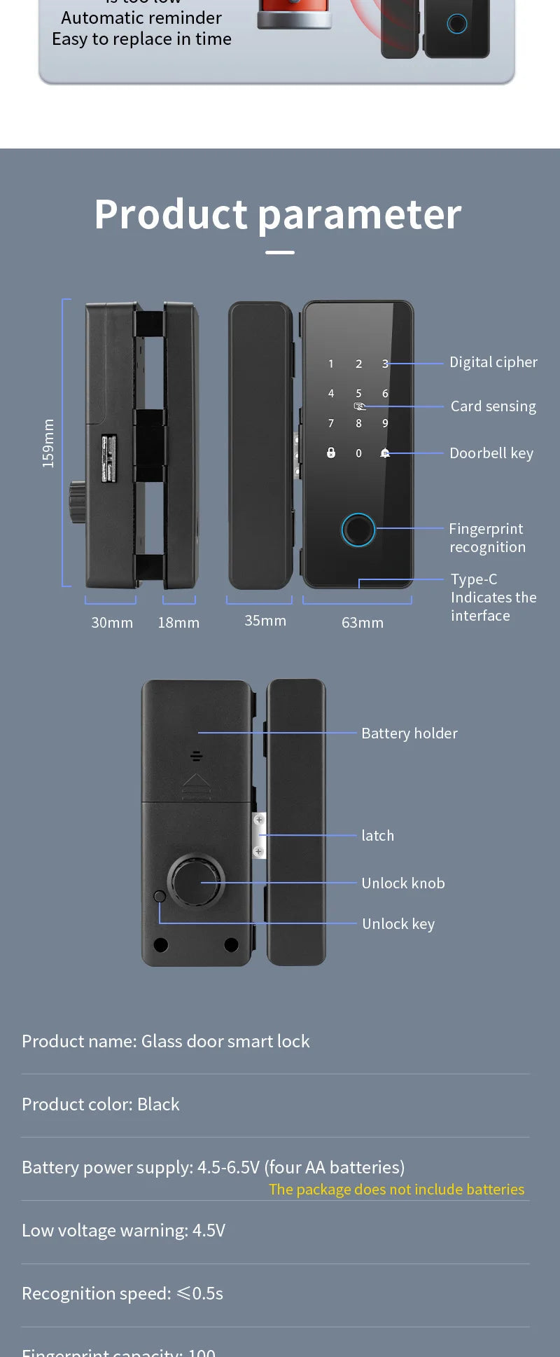 Glass Door Smart Lock TT-Lock Bluetooth Biometric Fingerprint Password Card Electronic Digital Lock office business departments