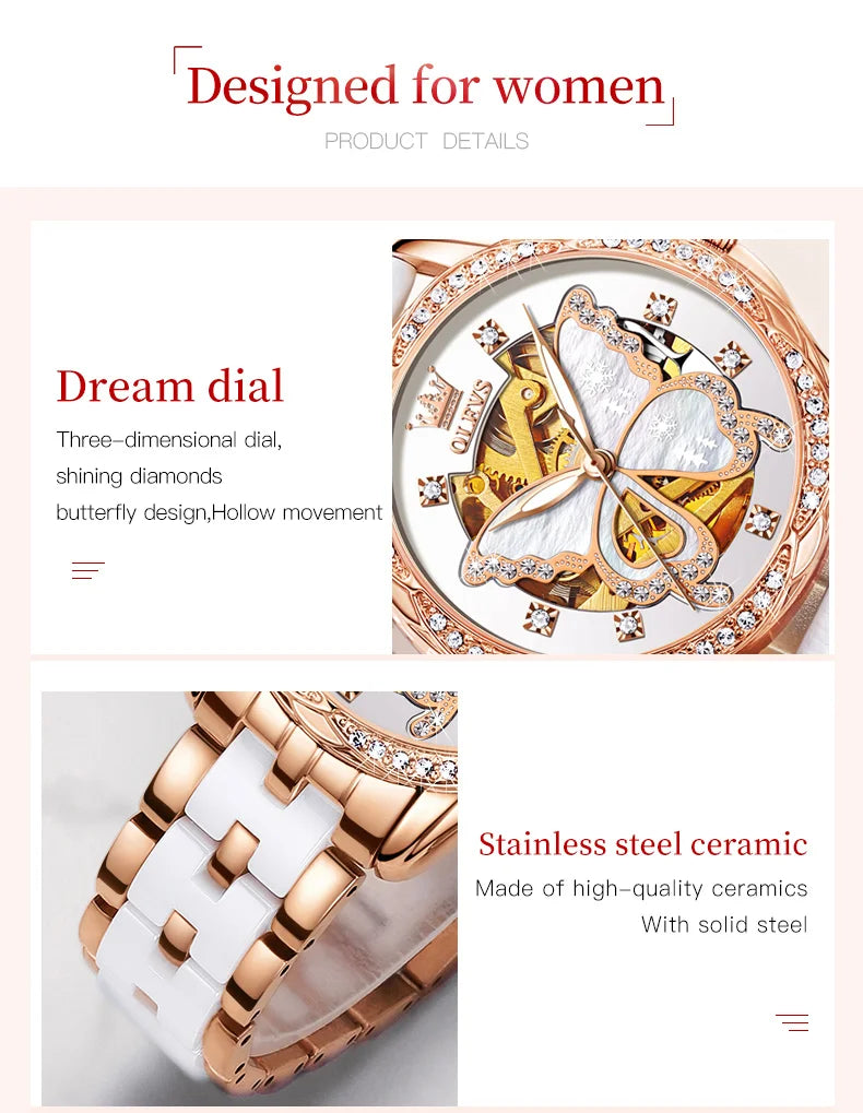OLEVS 6622 Luxury Women All Automatic Mechanical Watch HD Waterproof Elegant Butterfly Diamond Women Fashion Bracelet Set Watch