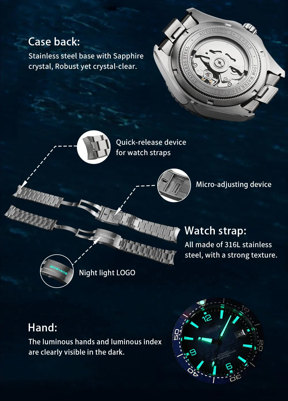 BORIAGE NH35 Automatic Mechanical Watches Luxury Men's Watch Stainless Steel Water resista 100m Dive Watches Luminous Wristwatch