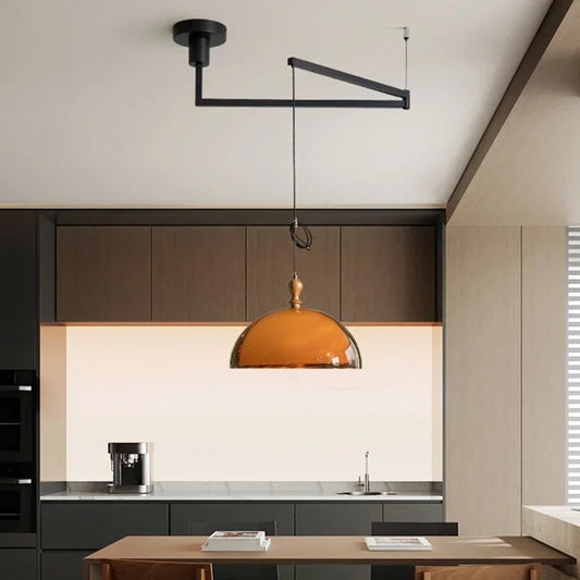 Retro Brown Acrylic Lampshade Pendant Light with Walnut Wood E27 Bulb Hanging Lamp for Dining Room Bar Adjustable Chandelier