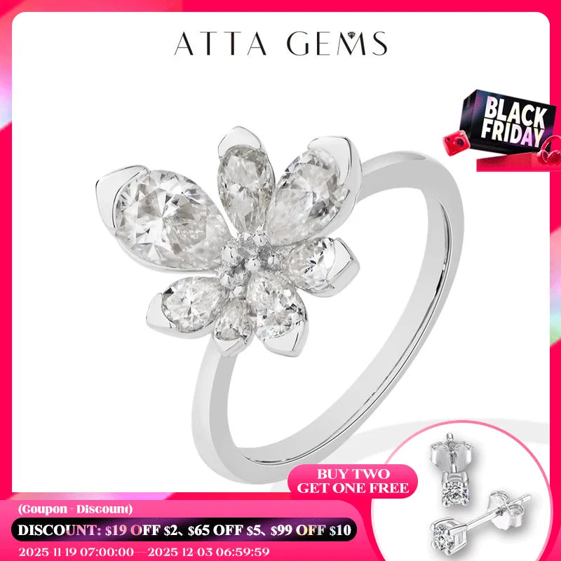 ATTAGEMS 925 Sterling Silver Luxury Women Ring Flowers DVVS1 Moissanite Pear-cut Classical Band Engagement Wedding Fine Jewelry