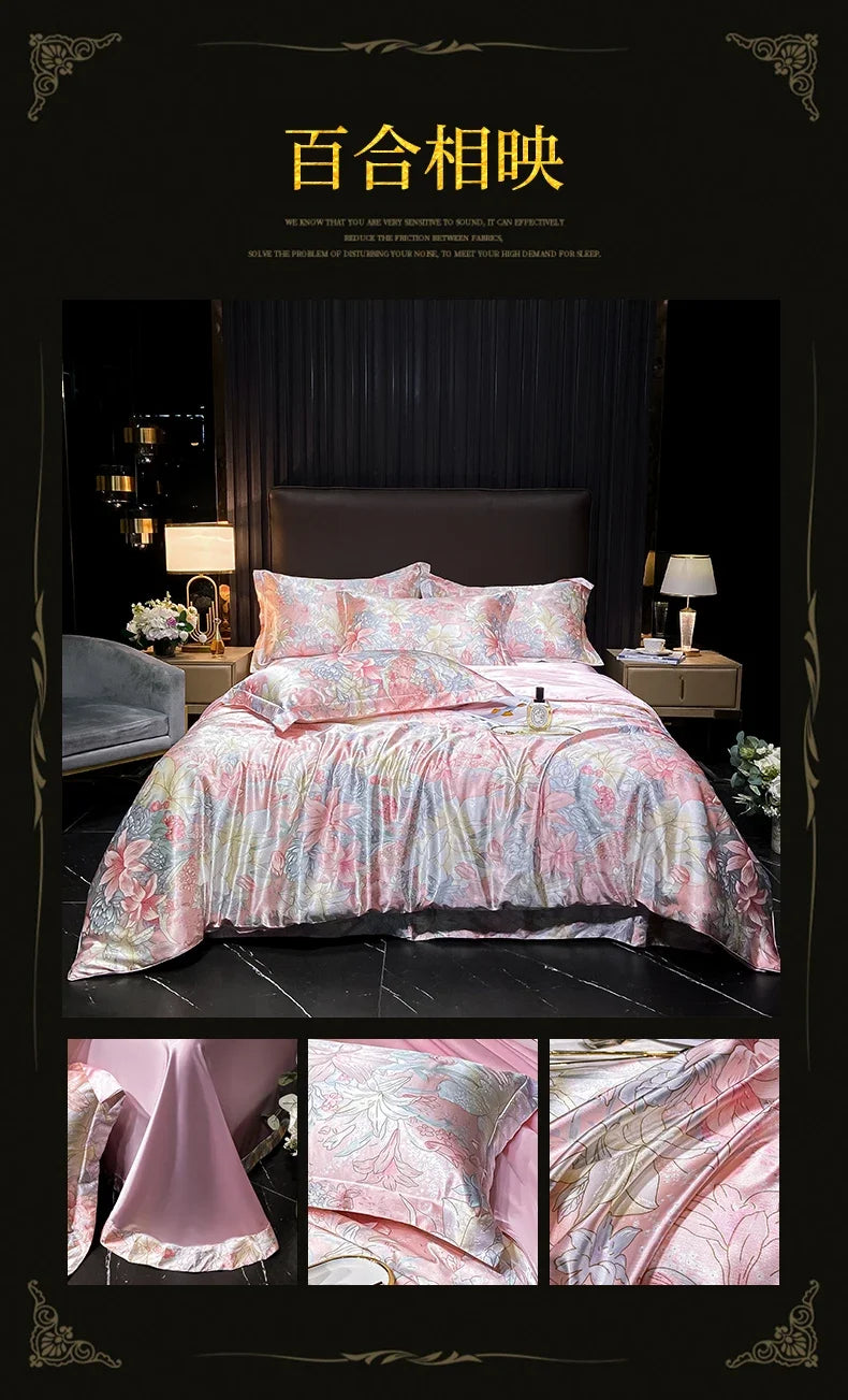 Luxury Palace Style Silk Bedding Set HighEnd Soft Silky Satin Quilt Cover Set Printed Queen King Duvet Cover Gift for Your Lover