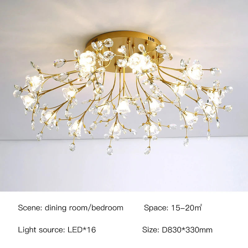 Luxury Crystal Flower Ceiling Light Gold LED Branch Tree Chandelier For Living Room Bedroom Villa Hotel Decor Bedside Wall Lamp