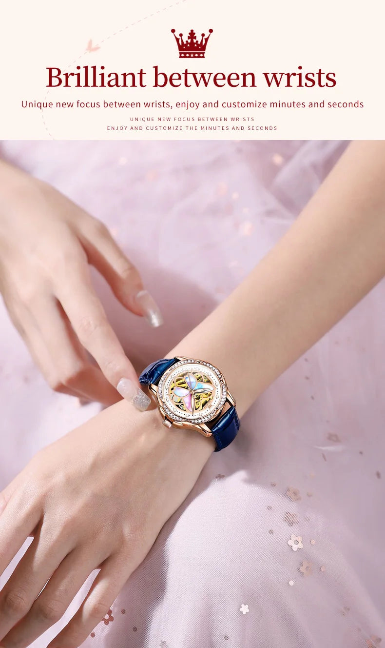 OLEVS 6615 Womens Watch Original Bezel Ceramic Mechanical Automatic Wristwatch Waterproof Luminous Ladies Watch Butterfly Dial