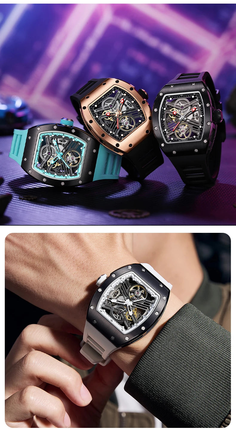 Carbon Fiber Mechanical Watch Cyberpunk Style Waterproof Crystal Dial Collector's Limited Edition Fashion Sport Wristwatch