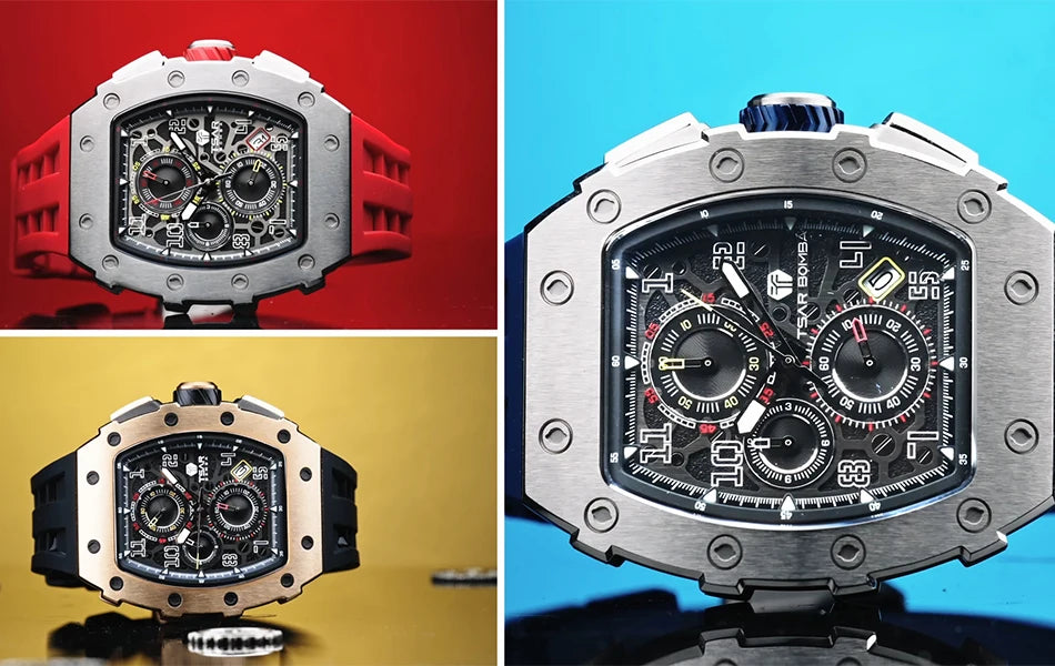 TSAR BOMBA Watch for Men Top Brand Luxury Waterproof Quartz Wristwatch Tonneau Clock Gift Chronograph Rectangle Mens Watch