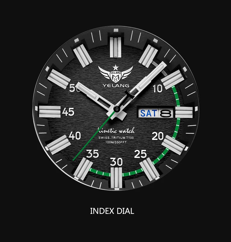 YELANG New Design Human Kinetic Energy Watches Waterproof 100m H3 Gas Self luminescent Nightlight 10Bar Diving Grade V1035