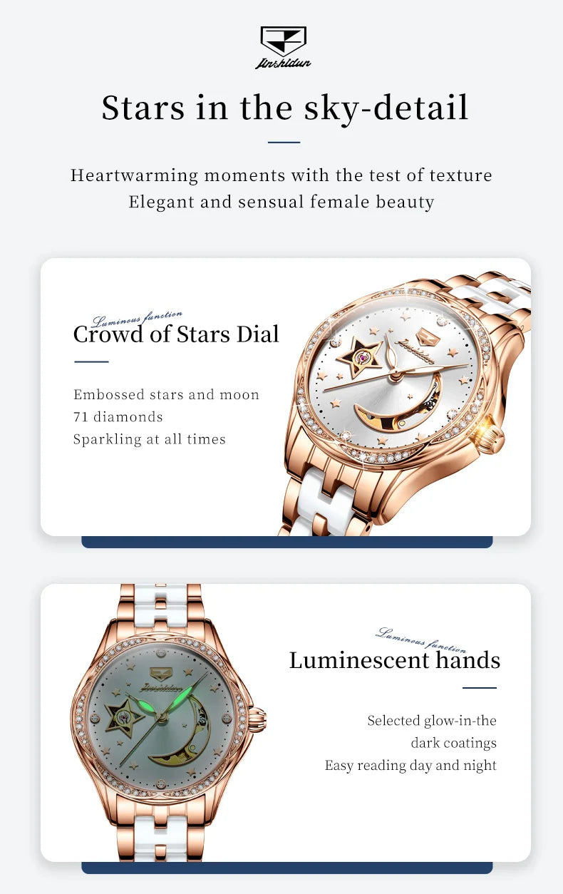 JSDUN Fashion Ceramic Skeleton Women Automatic Mechanical Watches New Luxury Ladies Watch Original Waterproof Lady Wrist Watch