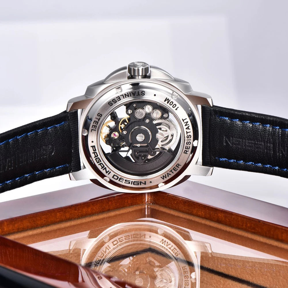 PAGANI DESIGN Herren Sportuhr, mechanische Automatik, quadratisches Design, Leder, wasserdicht, leuchtend, Geschenkidee für Feste, Herrenuhr + Box