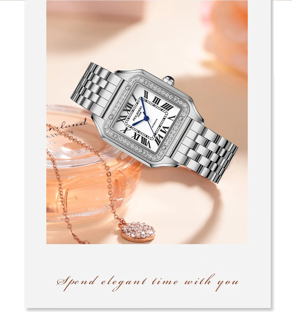 ROLENDO Luxury Gold Square Watch for Santos 33mm Diamond-Set Sapphire Crystal Roman Scale 5ATM Women's Automatic Wristwatch Gift