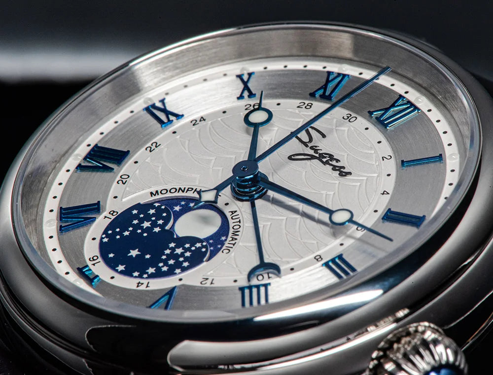 Sugess Watches for Men Automatic Mechanical Watch Moonphase Tianjin ST2108 Waterproof Date Hands Sapphire Crystal Rome Wave Dial