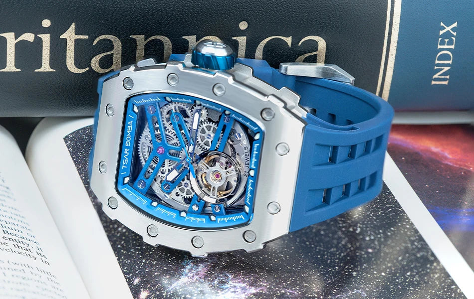 TSAR BOMBA Automatic Watch for Men Waterproof Watch Tonneau Stainless steel Mechanical Wristwatch Silicone Strap Luxury Gift