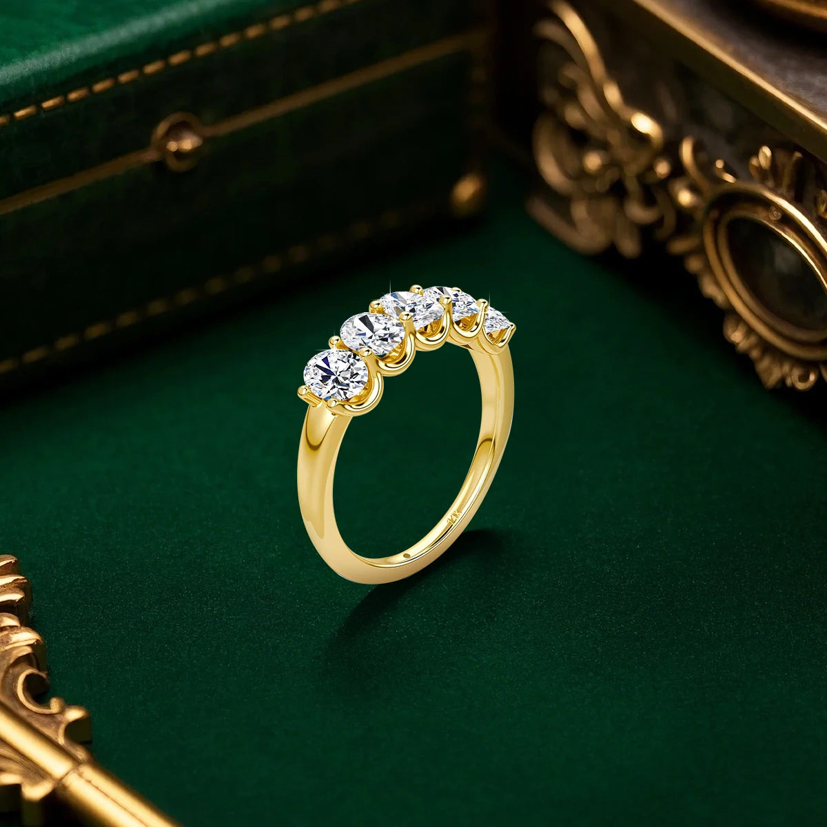 Oval 14K Yellow Gold Engagement Ring GRA Certified Moissanite Row Band 5 Stone 1.5ctw 100% Authentic for Women Wedding Jewelry