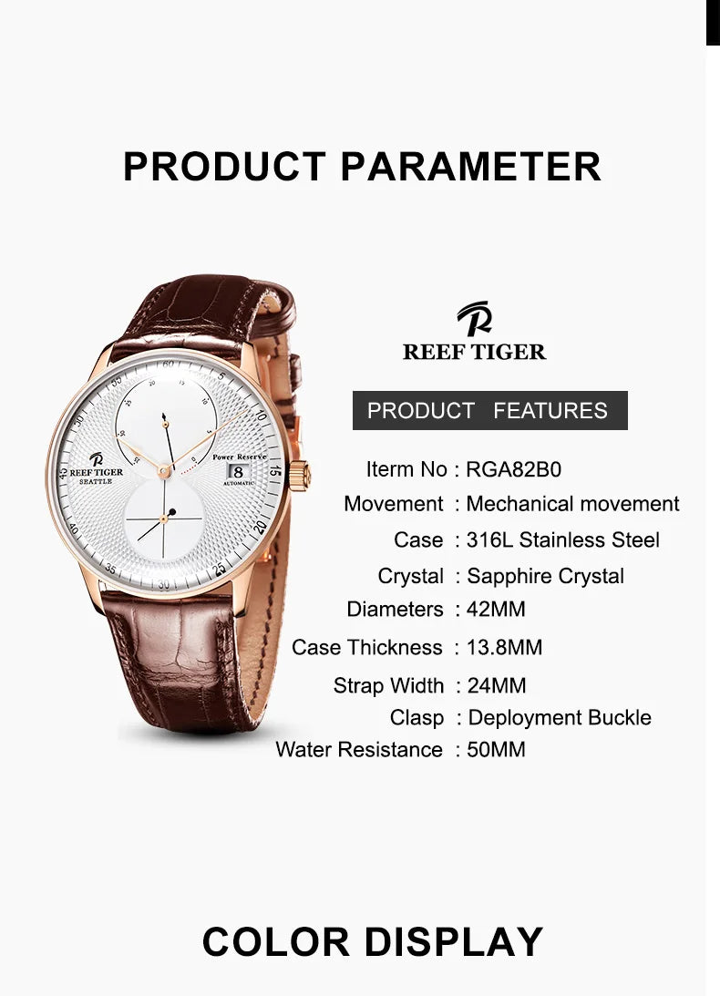 Reef-Tiger /RT Men Luxury Watch Rose Gold Mechanical Watch Brown Leather Strap Analog Watches Relogio Masculino RGA82B0