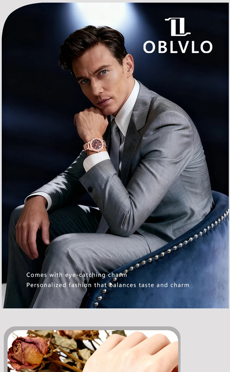 OBLVLO Herren-Armbanduhr mit achteckiger Lünette, blauem Zifferblatt, Datumsanzeige, Quarzwerk, wasserdicht, ideal für Paare (AWM)