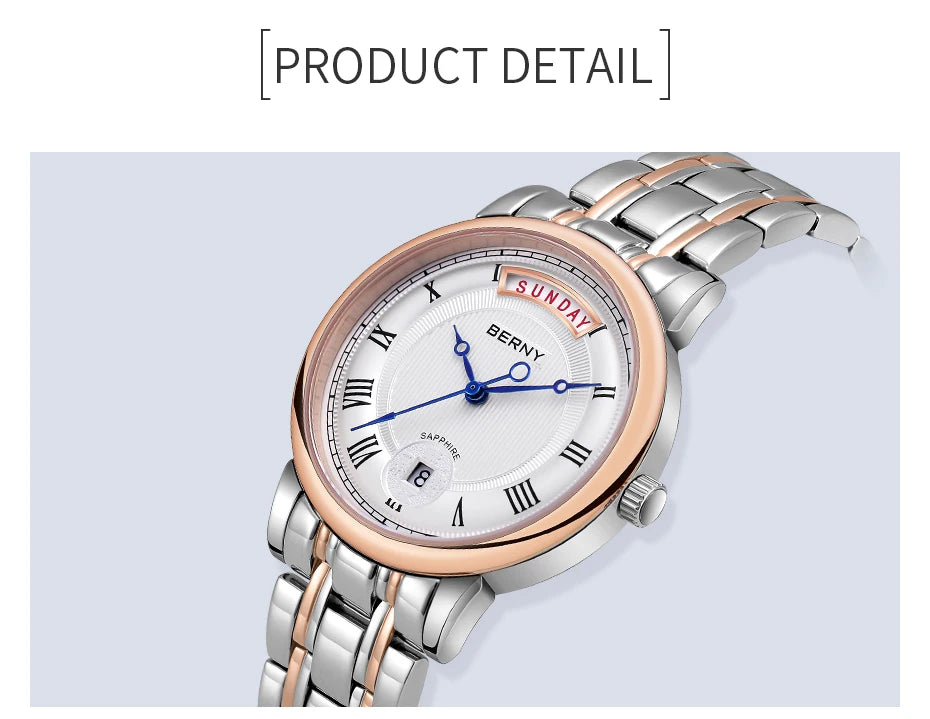 BERNY Women Watch Ladies Quartz Roman Numerals Day Date Calendar Watches Sapphire Glass Solid Steel Strap Women Wristwatch