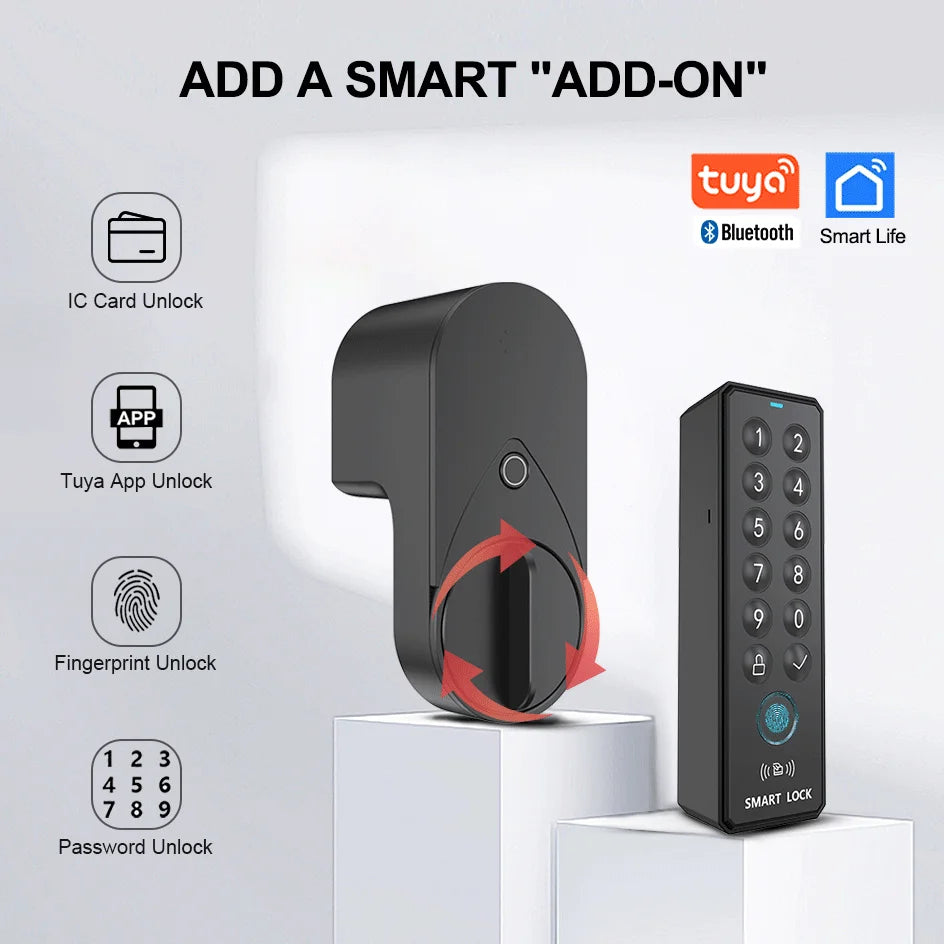 Smart lock with Tuya Bluetooth, fingerprint, password, and IC card unlocking; no drilling required for installation.
