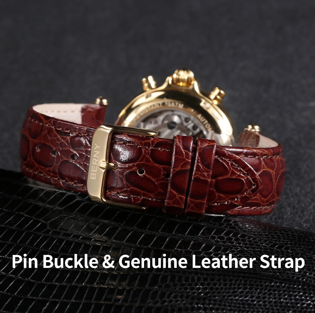 BERNY Retro-Automatikuhr für Herren mit Sonnen- und Mondphasenanzeige, luxuriöse mechanische Armbanduhr, leuchtende Möwe ST1652, klassische Herrenuhr