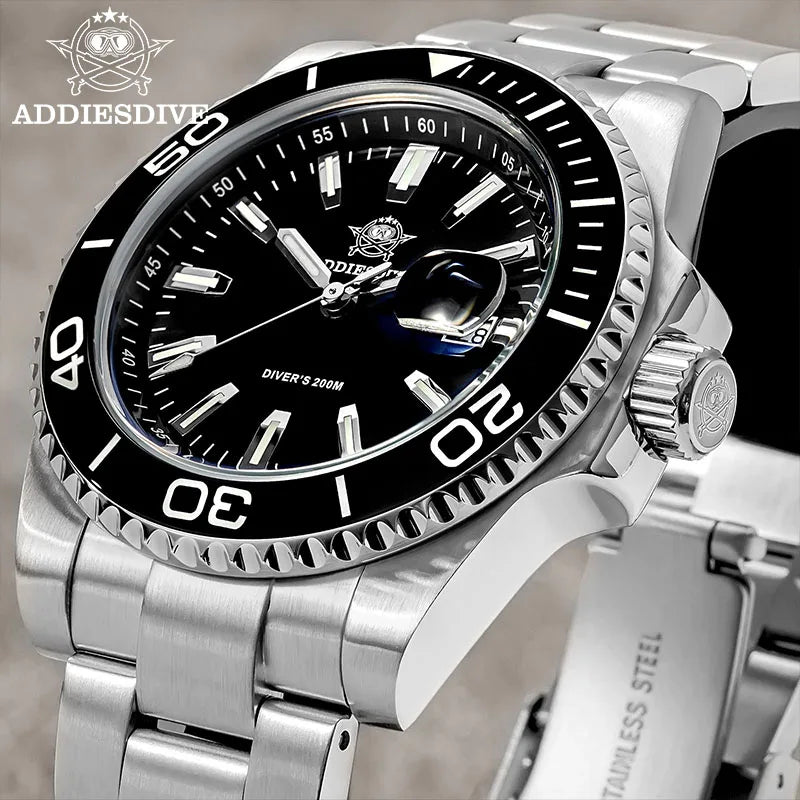 ADDIESDIVE New AD2510 Luxury Men's Diving Watch 41mm BGW9 Luminous Enamel Dial Screw-down Crown Durable Stainless Steel Strap