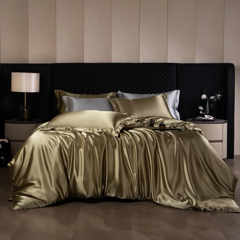 Silk Bed Sheets Set Luxury Bedding Set with Duvet Cover Fitted/Flat Bedheet Pillowcases Mixed with Rayon King Queen Full Twin