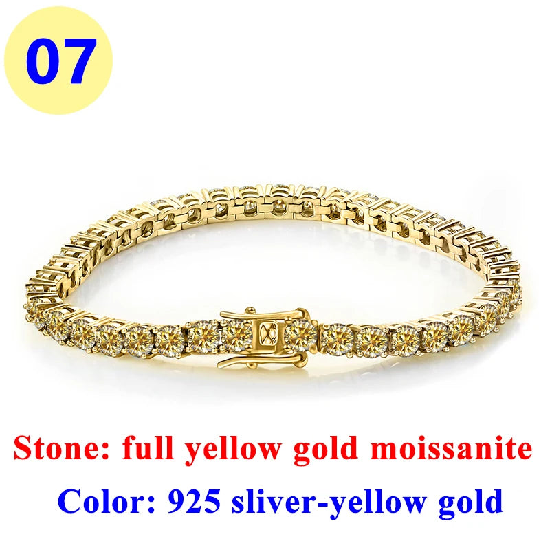 3MM Pink Full Moissanite Tennis HipHop Blue Green Yellow Purple Bracelet S925 Sliver Plated White Gold Bracelet for Women Men