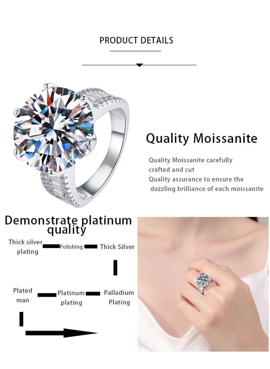 10 Carats 14mm Moissanite Ring Plated 18K Gold Brilliant Diamond 925 Sterling Silver Finger Band Women's Wedding Jewelry