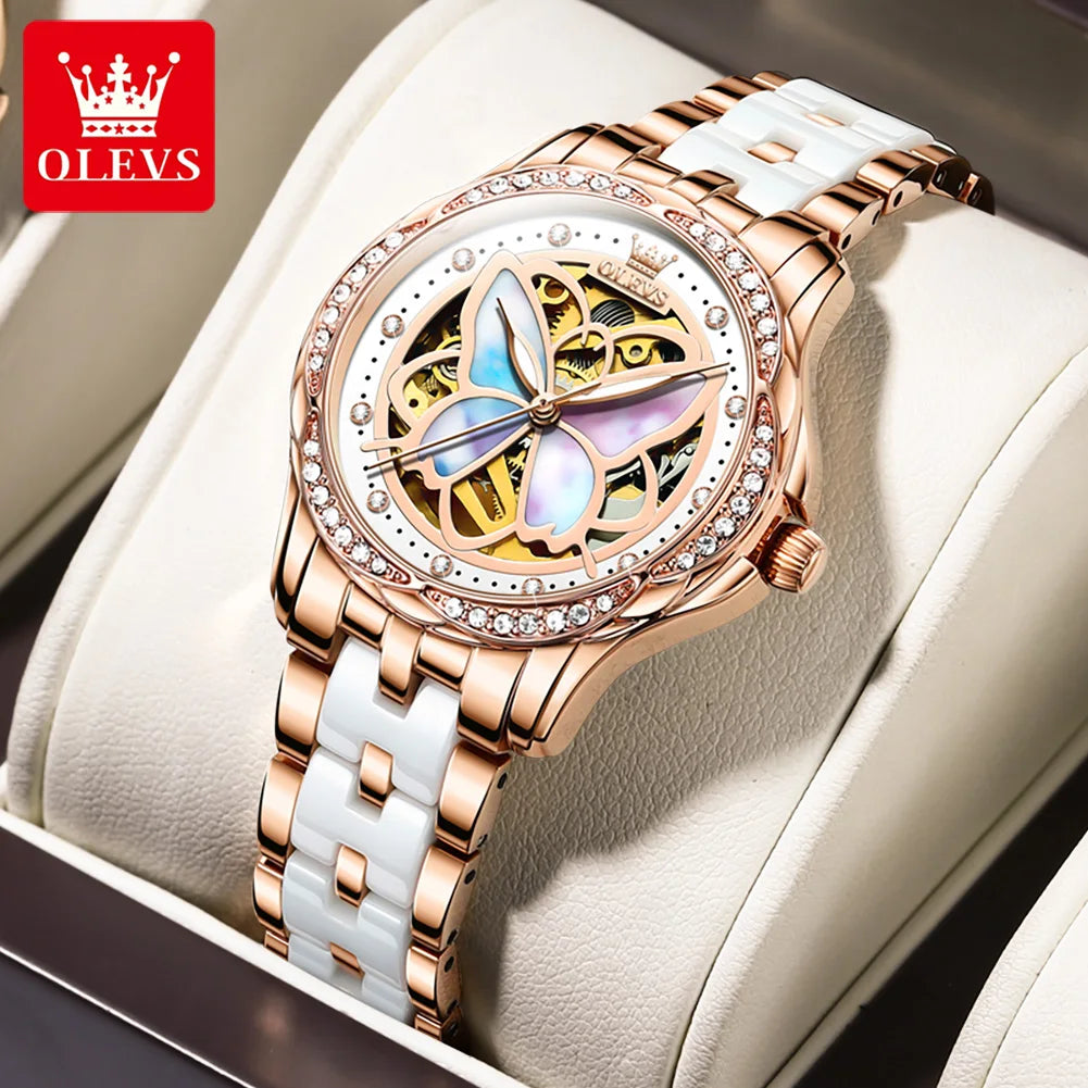 OLEVS Luxury Fashion Women's Watches Colorful Butterfly Dial Original Brand Automatic Mechanical Wristwatch Ceramics Strap Trend