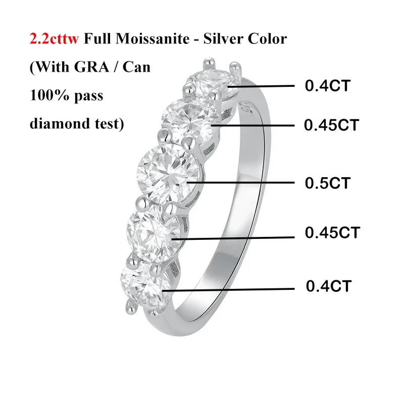 EWYA Real 5-Stone 2.2cttw Full D Color Moissanite Ring for Women Girls S925 Silver Plated 18K Pass Diamond Test Rings Band Gift