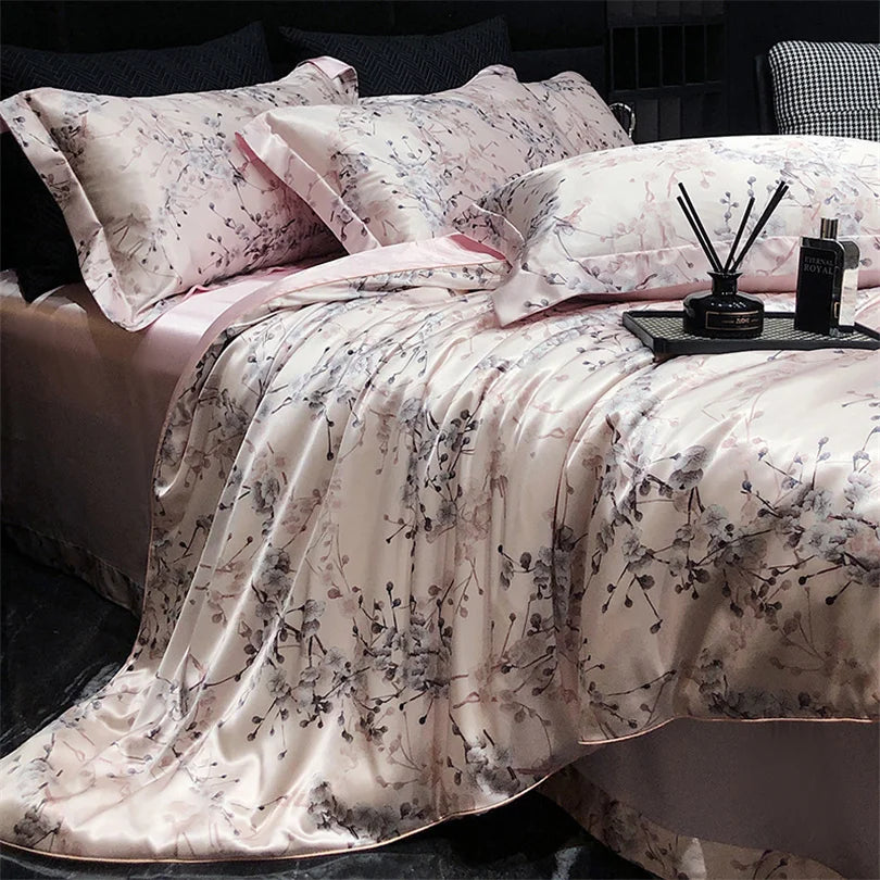 Floral Silk Bedding Set with Duvet Cover Bed Sheet Pillowcase Luxury Couple Single Double King Queen Soft Bedsheet Nordic Smooth