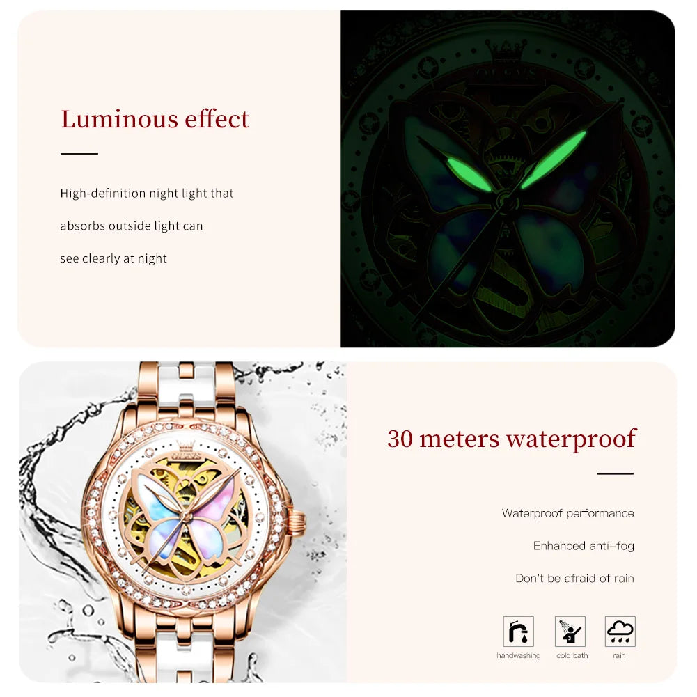OLEVS Luxury Fashion Women's Watches Colorful Butterfly Dial Original Brand Automatic Mechanical Wristwatch Ceramics Strap Trend