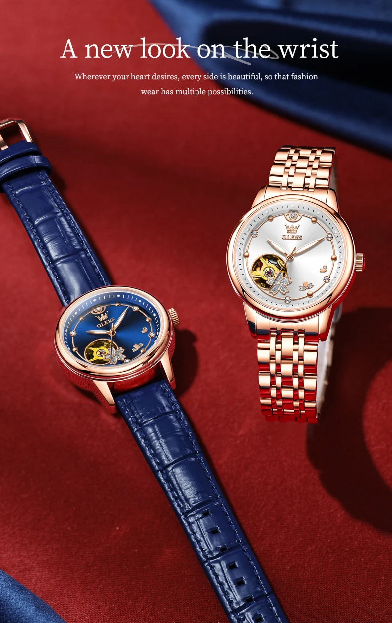 OLEVS Original Rhinestone Flower Design Watch Women's Luxury Rose Gold Watch Wine Red Automatic Mechanical Watch Birthday Gift