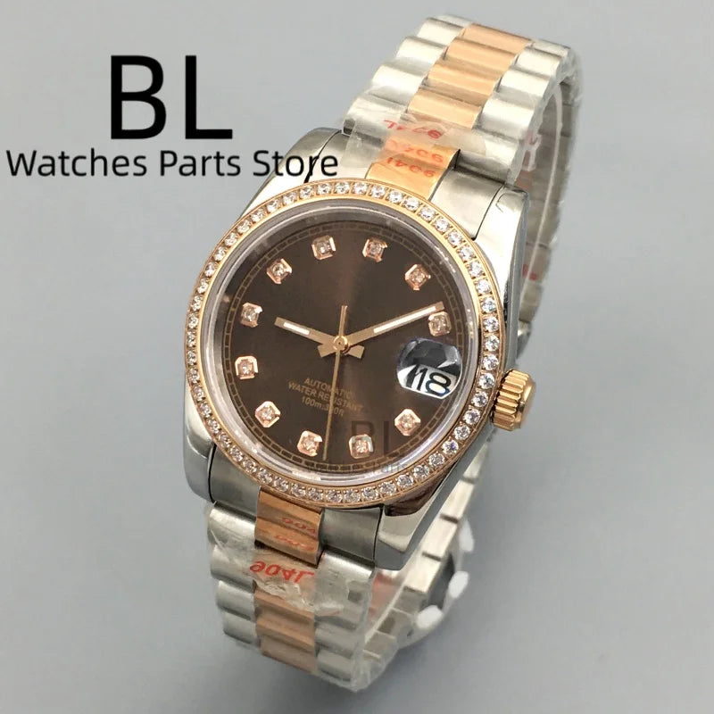 BLIGER Luxury Brown Dial Diamond Time Marks Watches For Men 36mm39mm Two Tone Rose Gold NH35 Movement Sapphire Glass Waterproof