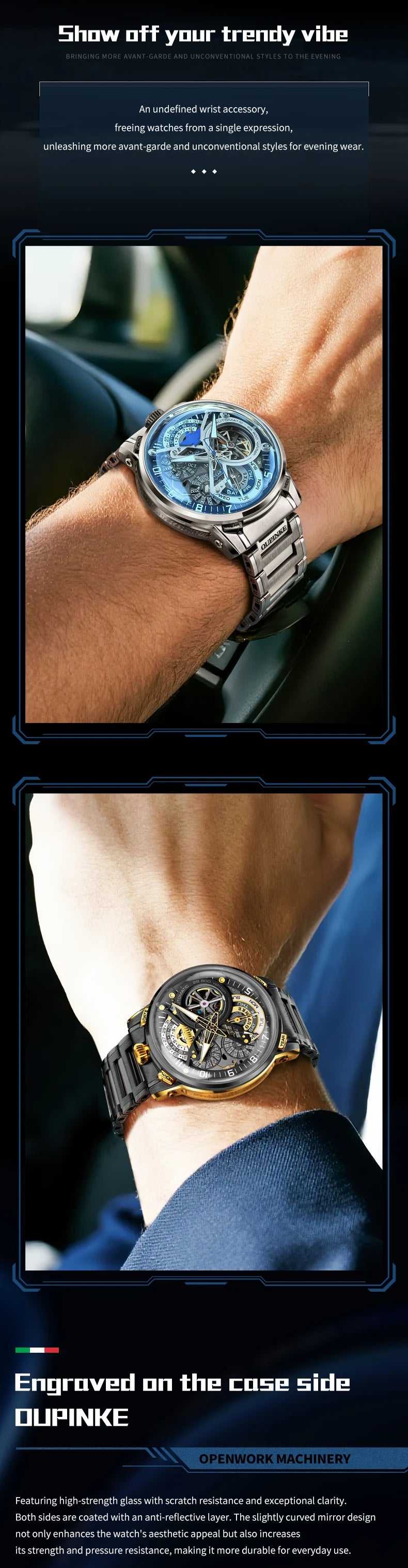 OUPINKE 3278 Herrenuhr, Luxus-Automatikuhr mit Schwungrad, Skelett-Uhrwerk, 50 m wasserdicht, Edelstahl 316L