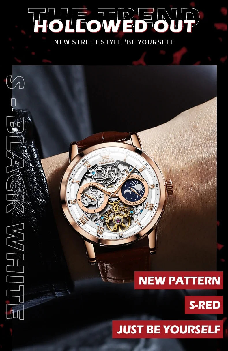 OLEVS 6670 Mechanical Fashion Watch Genuine Leather Watchband Round-dial Moon Phase Month Display