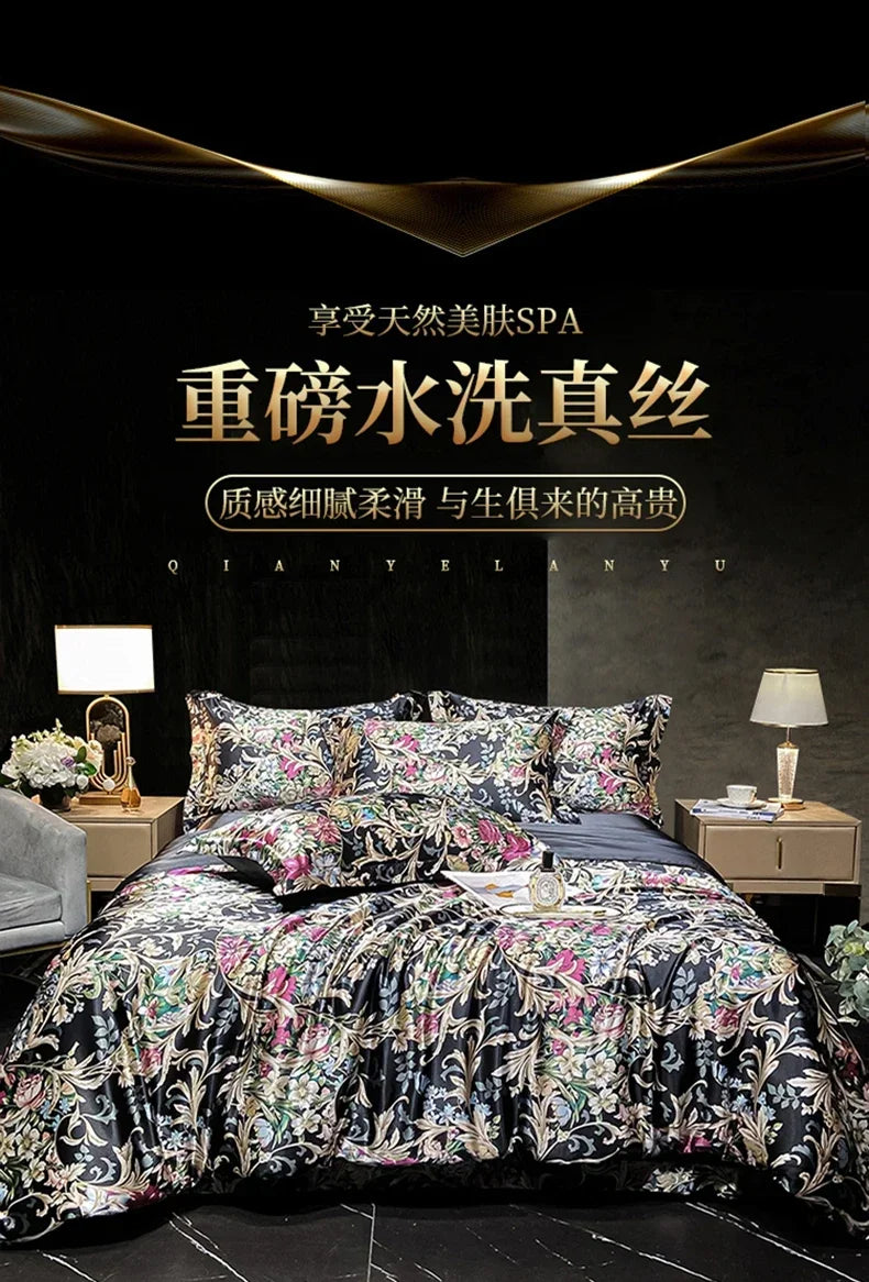 Natural Silk Bedding Set Single Double Queen King Printing Duvet Cover Luxury Quilt Cover Bedsheet Pillowcase