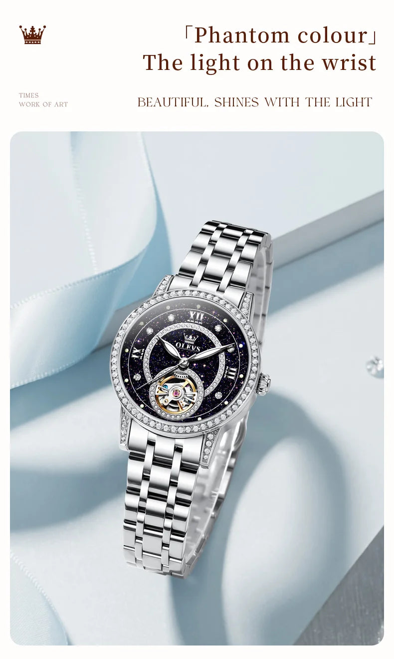 Montre femme tourbillon à strass et ciel étoilé, marque de luxe, couleur or rose, automatique, mécanique.