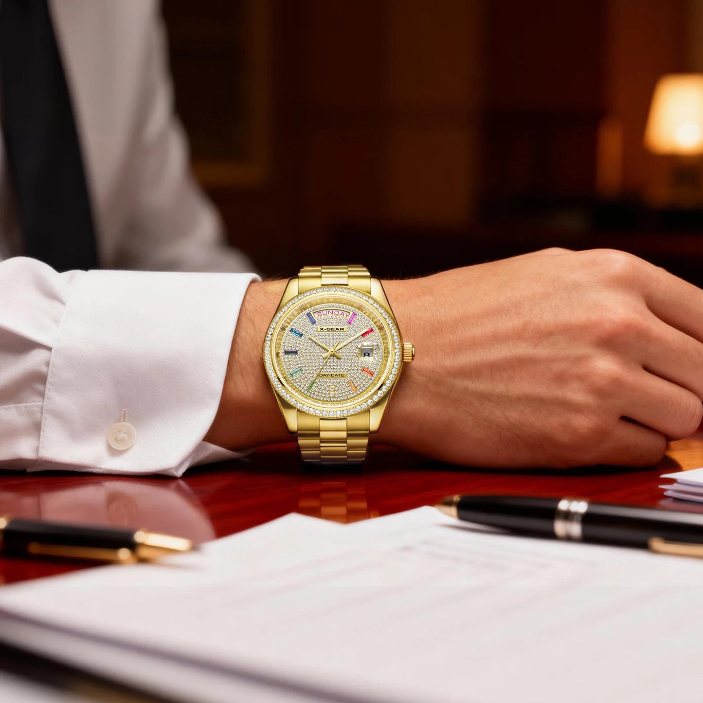 X-GEAR Men Luxury Watches Full diamond dial Diamond bezel Mechanical Watch Luminous Date Week Display Stainless Steel Case Strap