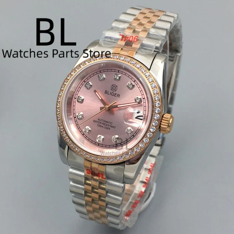BLIGER Luxury Brown Dial Diamond Time Marks Watches For Men 36mm39mm Two Tone Rose Gold NH35 Movement Sapphire Glass Waterproof