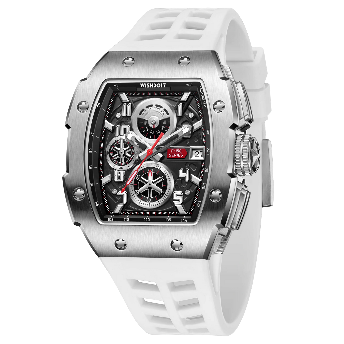 WISHDOIT NH35 Men's Chronograph Luxury Tonneau Design Features with Calendar Date Glowing 50m Depth Waterproof FKM Rubber Strap