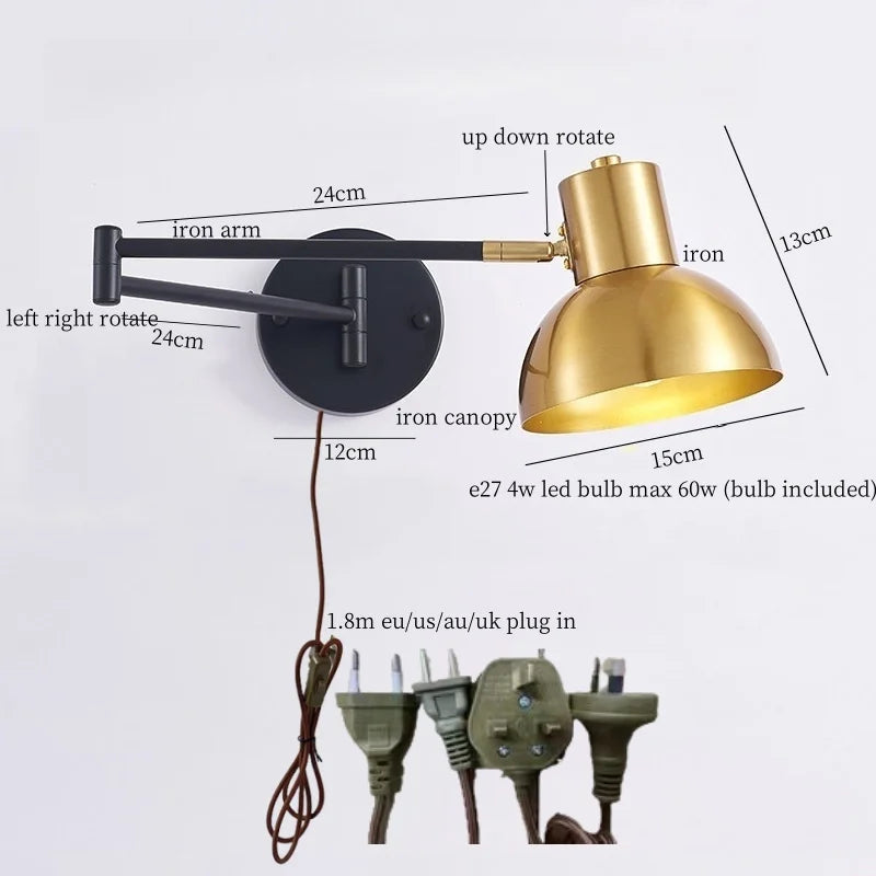 IWHD Golden Iron Art LED Wall Lights For Bedroom Kitchen Living Room Loft Mirror Bedside Lamp Swing Long Arm Lampade Da Parete