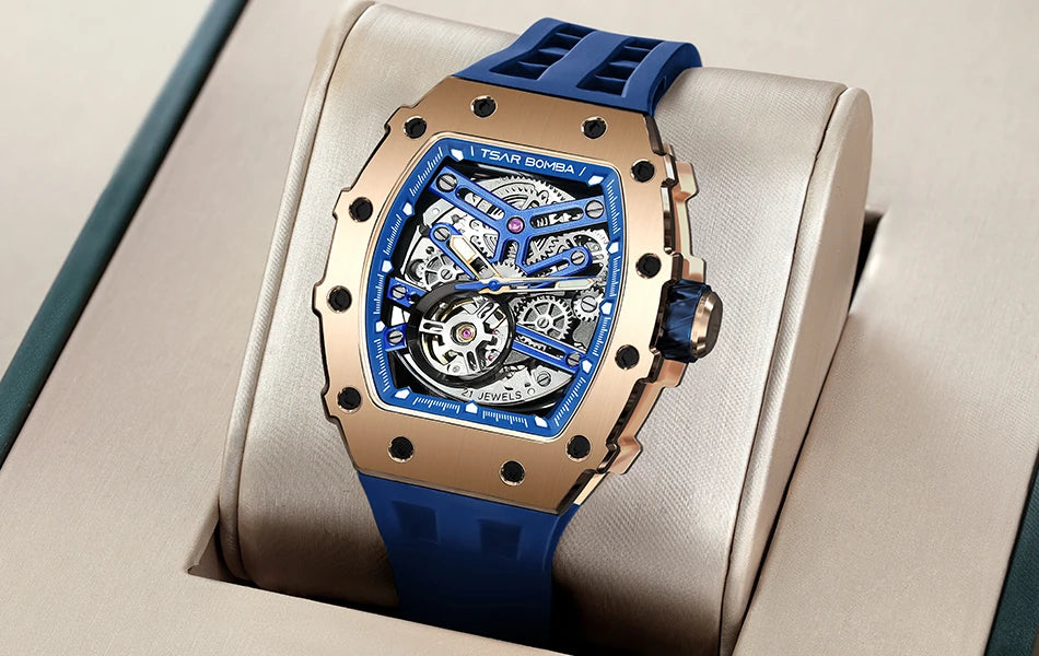 TSAR BOMBA Automatic Watch for Men Waterproof Watch Tonneau Stainless steel Mechanical Wristwatch Silicone Strap Luxury Gift