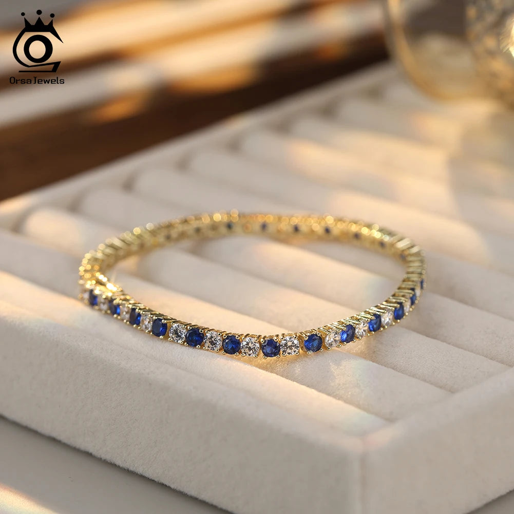 ORSA JEWELS Exquisite 3mm Sapphire Blue Sparkling Tennis Bracelet S925 Sterling Silver Cubic Zirconia Fashion CZ Bracelet SB137
