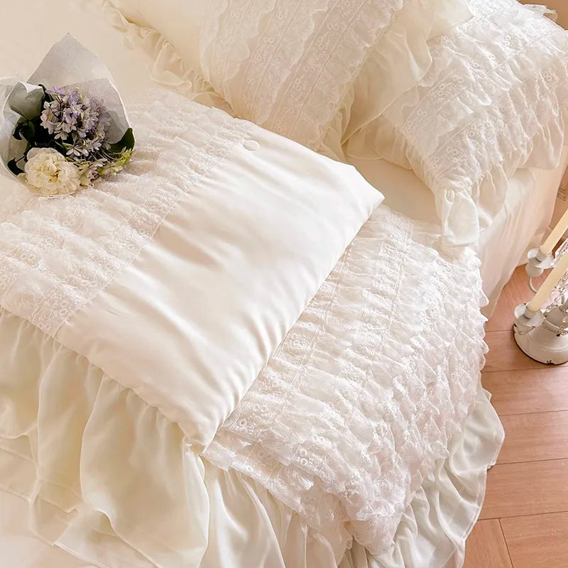 100%Eucalyptus Lyocell Cream White Lace Soft Silky Textured Wrinkle-Free Summer comforter Blanket 1Pc Flat sheet 2Pillow shams
